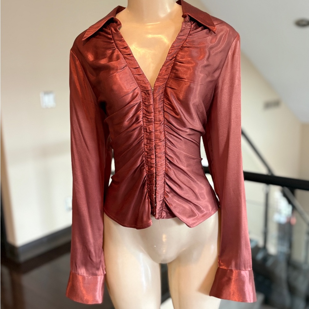 Elegant Satin Ruched Blouse - Rust